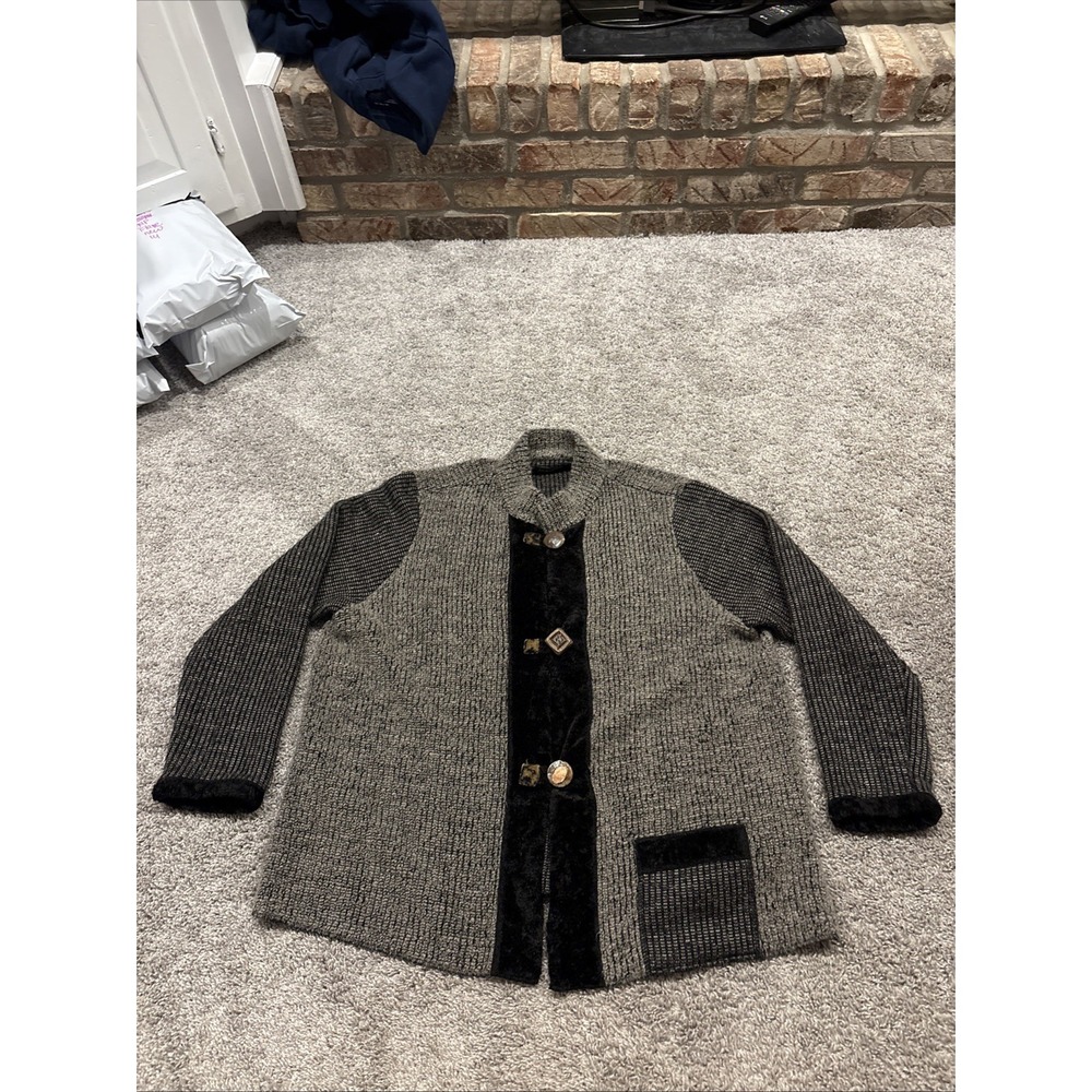 LEE ANDERSEN Wearable Art to Wear Cardigan Sweater Cool Buttons And Fur Rare